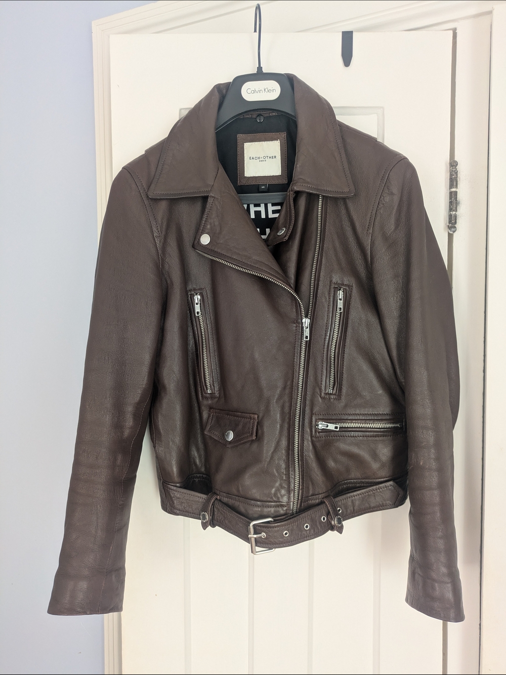 Each x Other Dark Brown Leather Biker Jacket with Belted Hem UK M